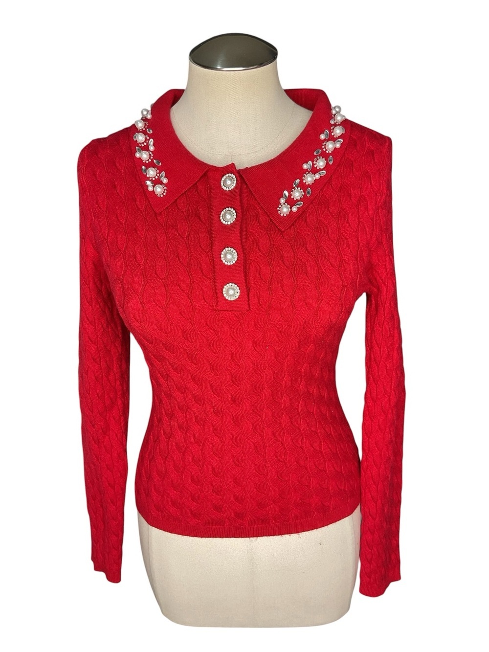 LC Lizette Collection Red Cable Knit Embellished Collar Sweater Size Large - Picture 2 of 8